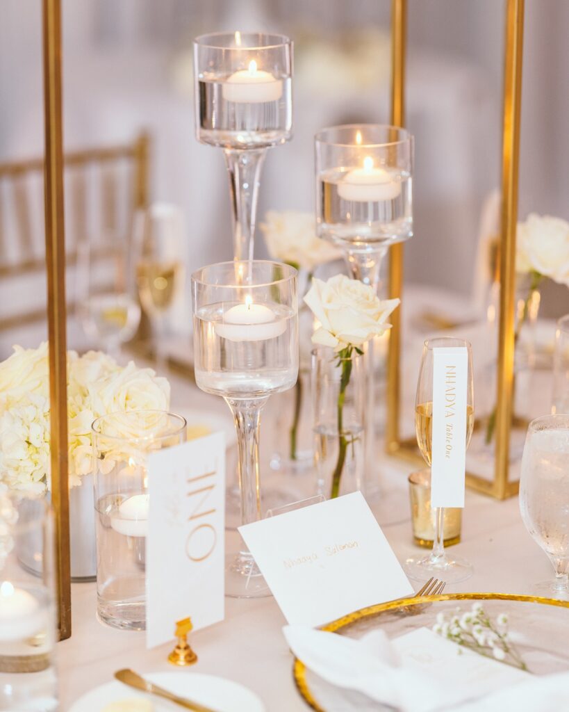 bella collina wedding stationery menus, table numbers, white and gold