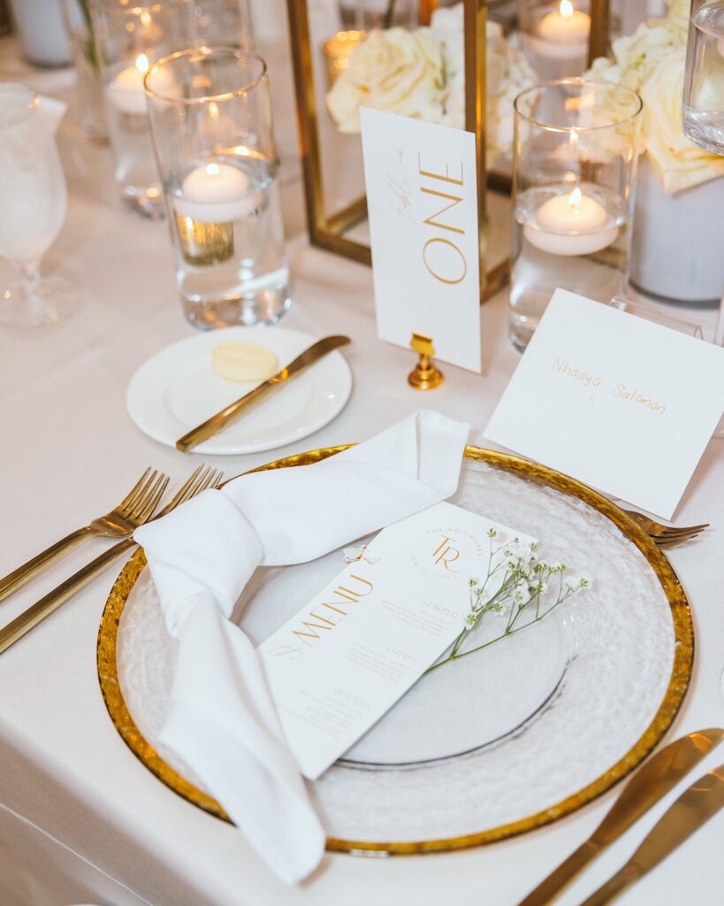 bella collina wedding menus, place setting, reception