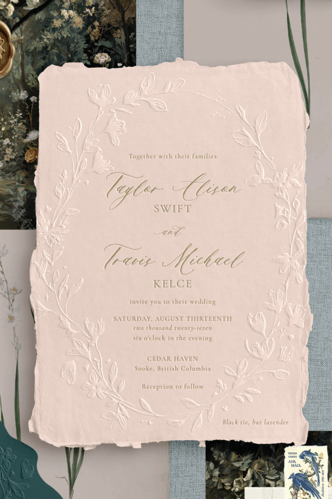 blush handmade paper with deckled edges, letterpress text and embossed floral frame illustration