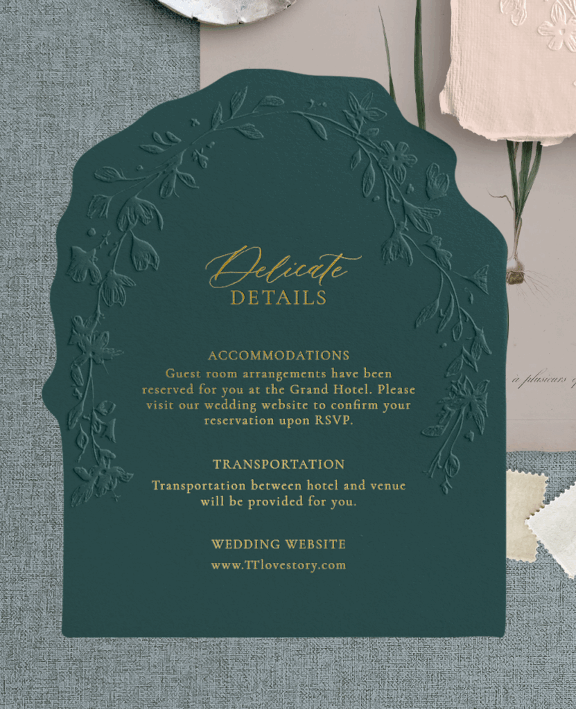 Moody vibes, wedding details card, racing green details card with embossing and gold foiling.