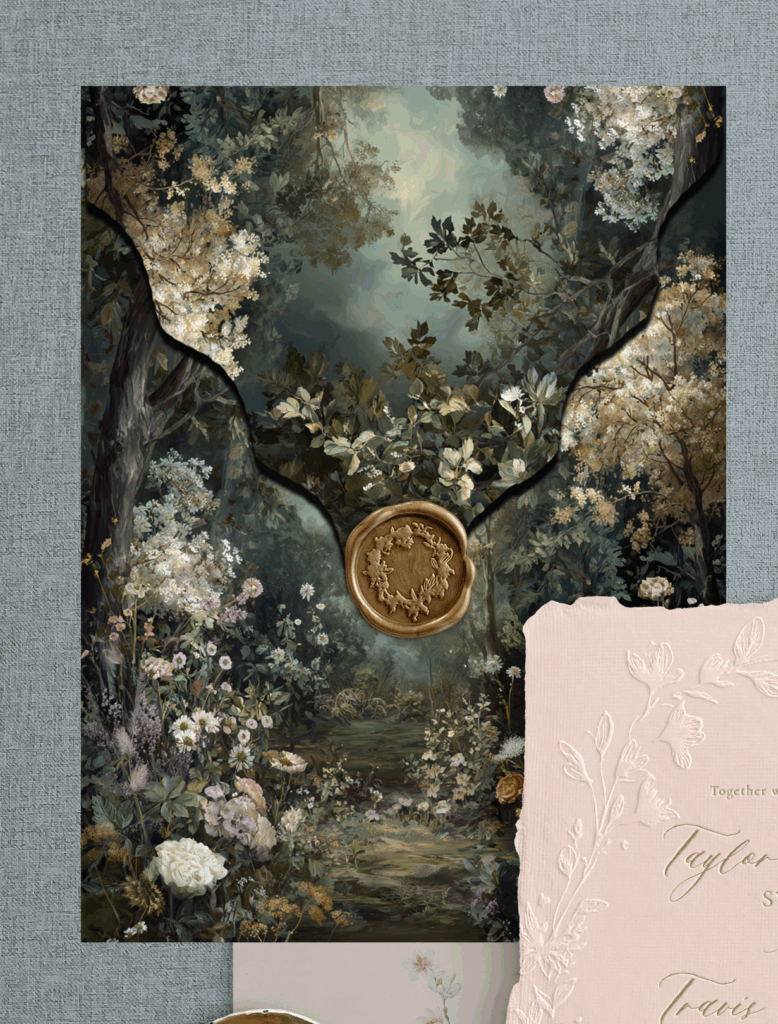 Custom envelope with scalloped flap, garden landscape scene with a gold wax seal
