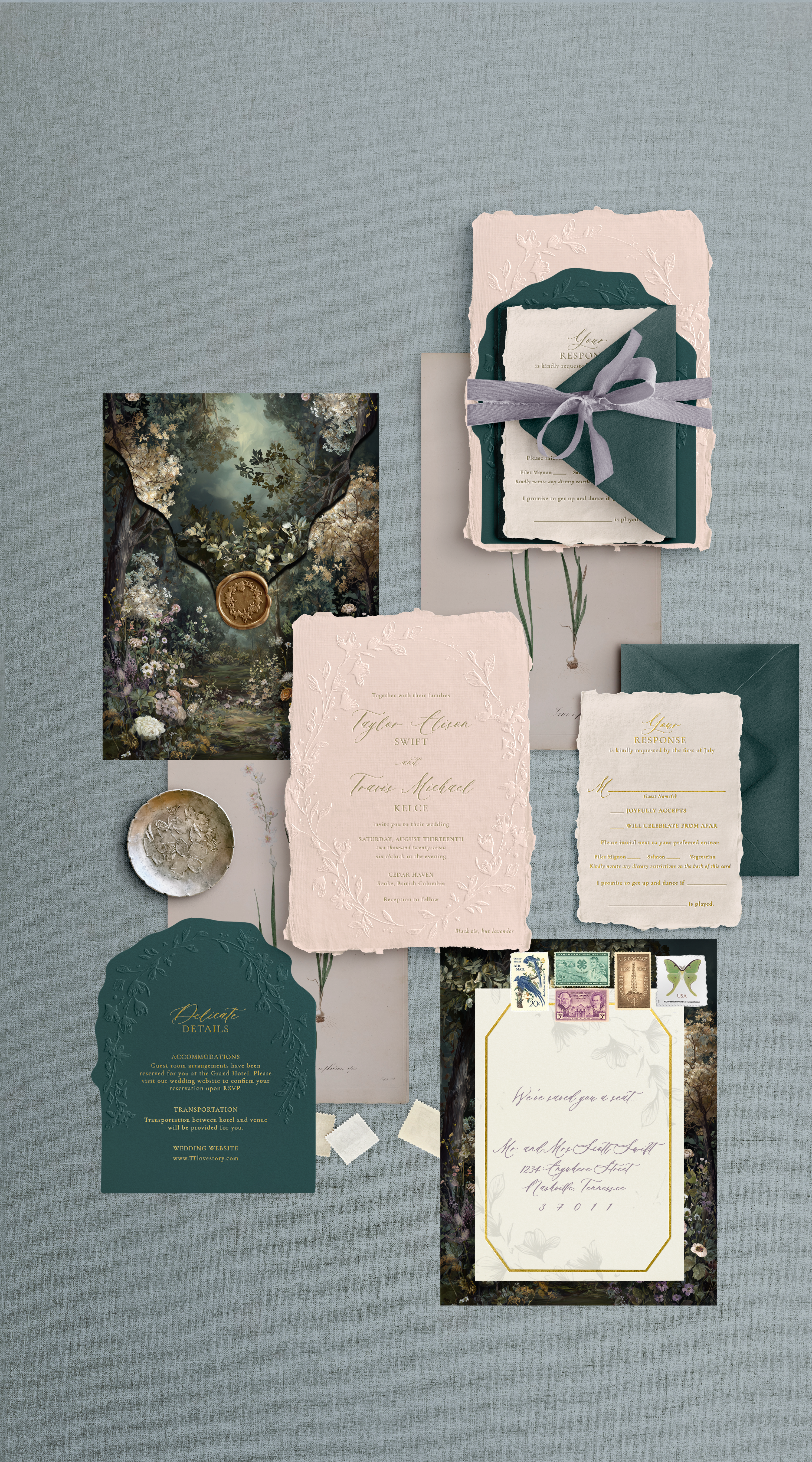 Taylor Swift and Travis Kelce wedding invitations, secret garden, with custom envelope and handmade paper.  Moody enchanting garden vibe