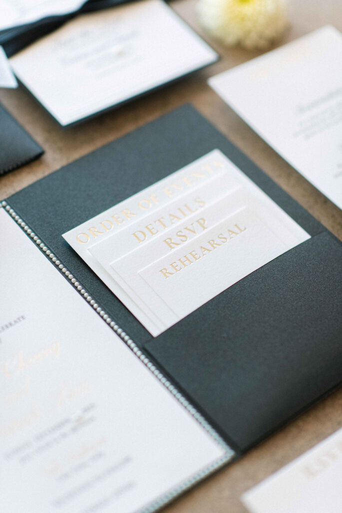 pocket invitation, classic wedding invitations, black and white, foil, letterpress